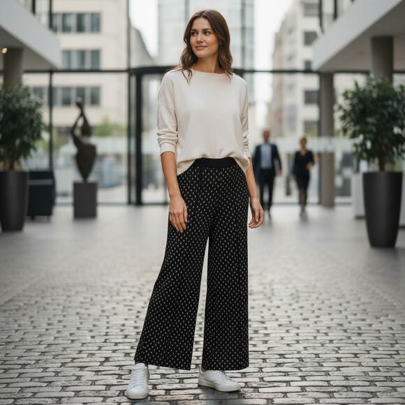 NEW Max Studio Pintuck Wide Leg Trouser Small Black Brown Knit Pull On Business - Picture 1 of 9